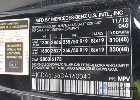 2013 Mercedes-Benz Ml 350 from USA, damaged, VIN 4JGDA5JB6DA160049
